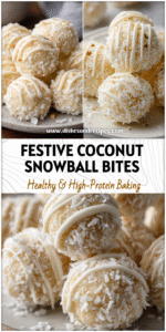 Round White Coconut Balls coated in coconut flakes on a holiday plate with white chocolate drizzle.